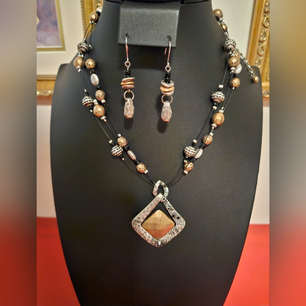 Chico's Silver & Gold Toned Hammered Metal Black Bead Necklace & Earrings Set